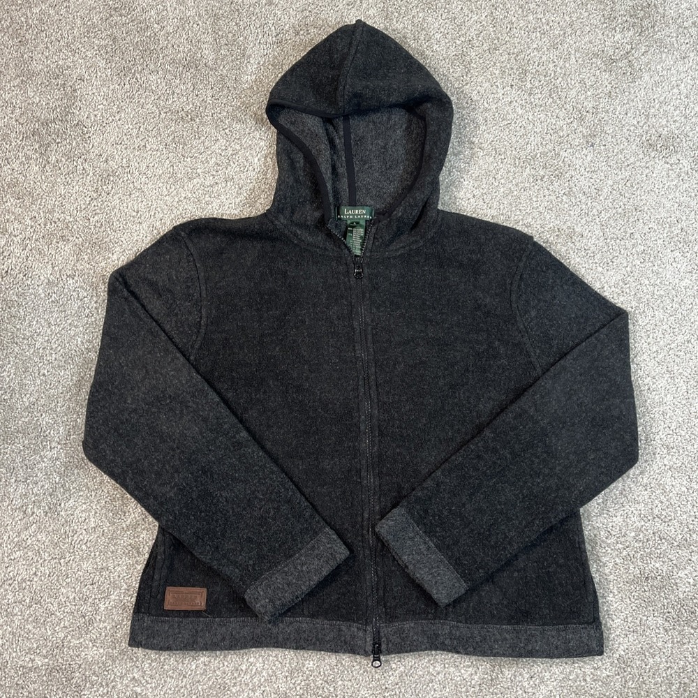 VTG Lauren Ralph Lauren Women L Gray Hooded Full Zip Jacket Fleece Blend Pockets
